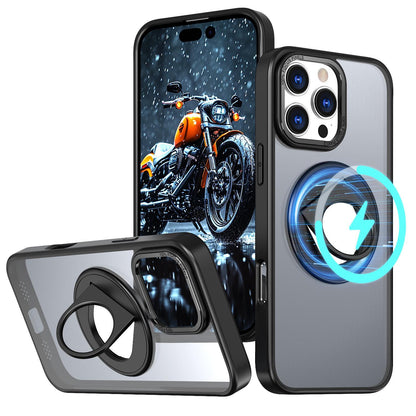 For iPhone 16 15 14 13 12 11 Phone Case with 360 Degree Rotate Ring Kickstand, Matte Crystal Magnetic Metal Camera Frame Shockproof Hard Full Cover