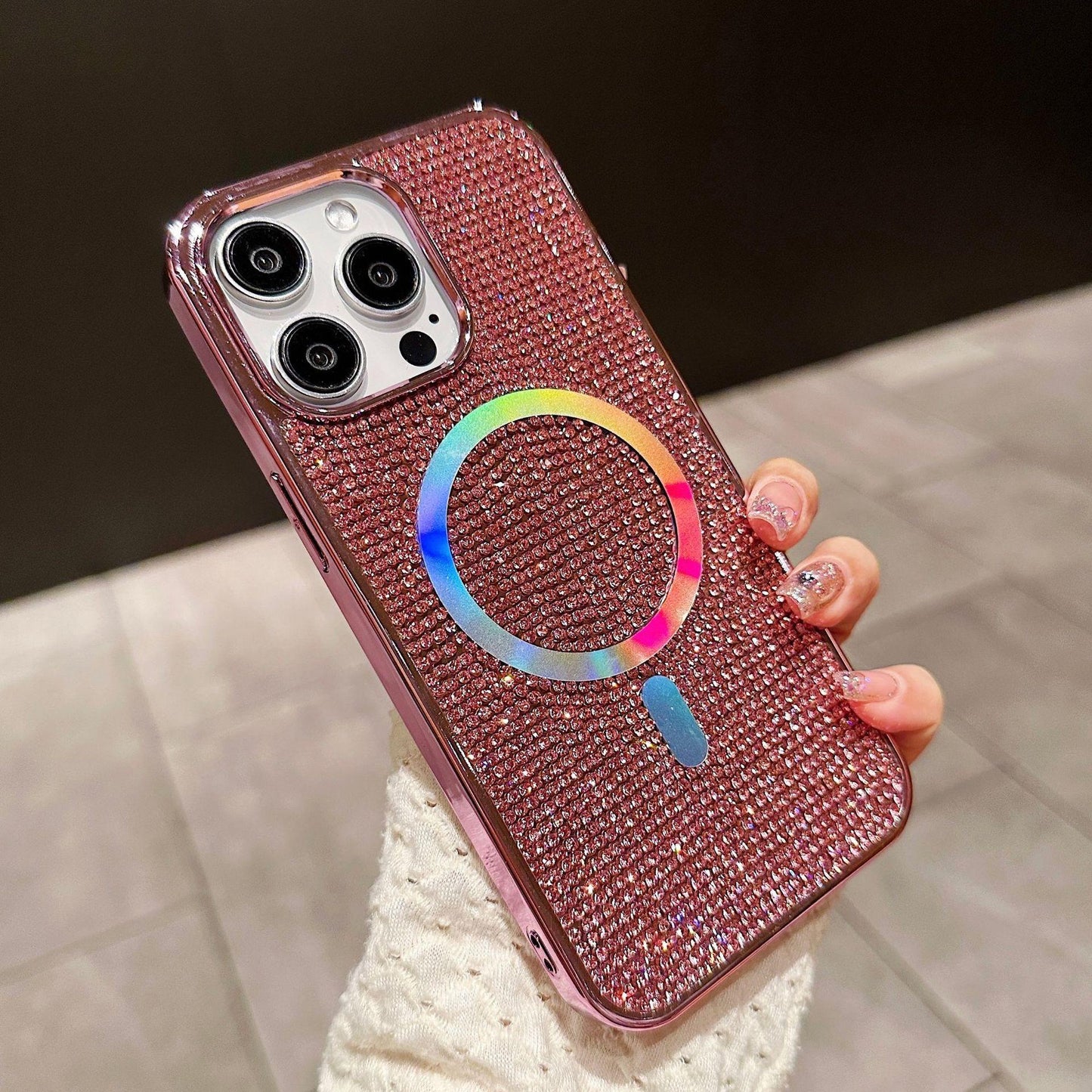 Luxury Rhinestone Glitter Plating Slim PC Strong Magnetic Phone Case For iPhone 16ProMax 15 14 13 Hard Support Wireless Charging Full Cover