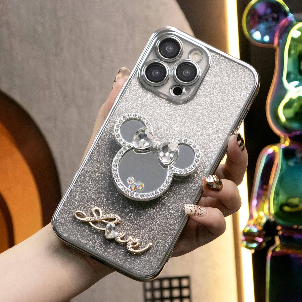 Glitter Transparent Gradient Mouse Head Mirror Kickstand Plating Phone Case For iPhone 16 15 14 13 12 Pro Max Clear Soft TPU Back Cover