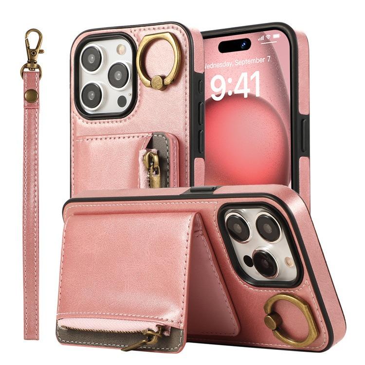 For iPhone 16ProMax 16 15 14 13 12 Leather Phone Case with Double Folding Wallet Wristband, Anti-Fall Card Bag Kickstand Shockproof Business Hard Full Cover