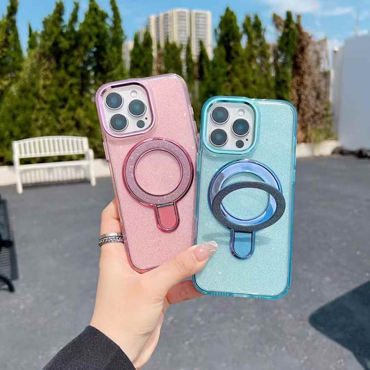 Glitter Strong Magnetic Kickstand For Magsafe Phone Case For iPhone 16 15 14 13 12 11 Pro Max Plus Metal Frame Acrylic Shockproof Hard Cover