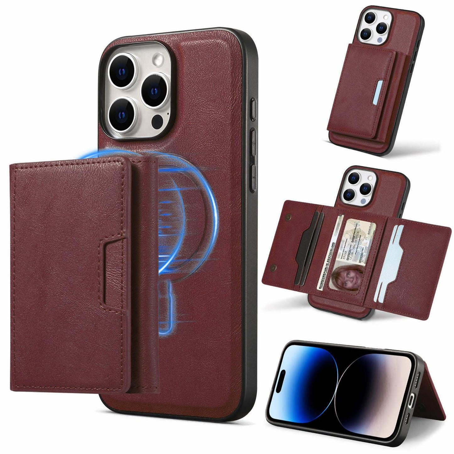For iPhone 16ProMax 16 15 14 13 12 Leather Phone Case with Strong Magnetic Triple Fold Wallet, Anti-Fall Card Bag Kickstand for Magsafe Shockproof Business Hard Full Cover