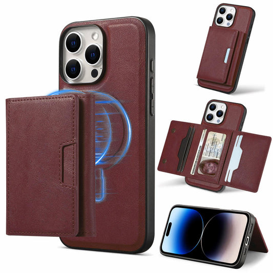 For iPhone 16ProMax 16 15 14 13 12 Leather Phone Case with Strong Magnetic Triple Fold Wallet, Anti-Fall Card Bag Kickstand for Magsafe Shockproof Business Hard Full Cover