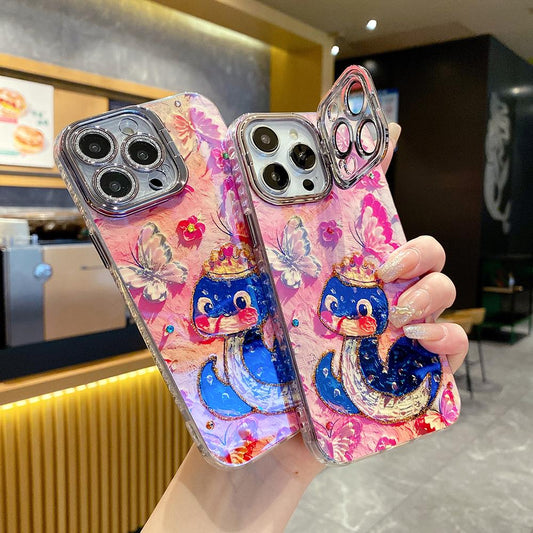 For iPhone 16ProMax 16 15 14 13 12 11 Phone Case with Diamond Camera Kickstand, Dolphin Whale Panda Elephant Snake Animal, Oil Painting Camera Frame Anti-drop Hard Shockproof Full Cover