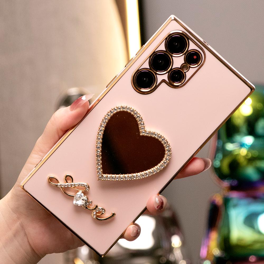 Love Heart Mirror Plating Phone Case For Samsung S25 S24 S23 S22 S21 Note20