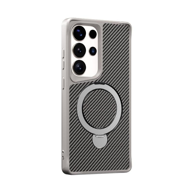 Carbon Fiber Pattern Slim PC Strong Magnetic Phone Case with 360 Rotating Metal Kickstand For Samsung S25Ultra S25Plus S25 S24 S23 A16 A26 A36 A56 Skin Feel Bumper Shockproof Hard Full Cover