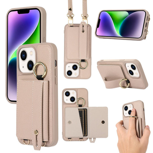 For iPhone 16ProMax 16 15 14 13 12 11 Leather Phone Case with Double Folding Wallet Lanyard, Anti-Fall Card Slot Wristband Ring Kickstand Shockproof Business Hard Full Cover