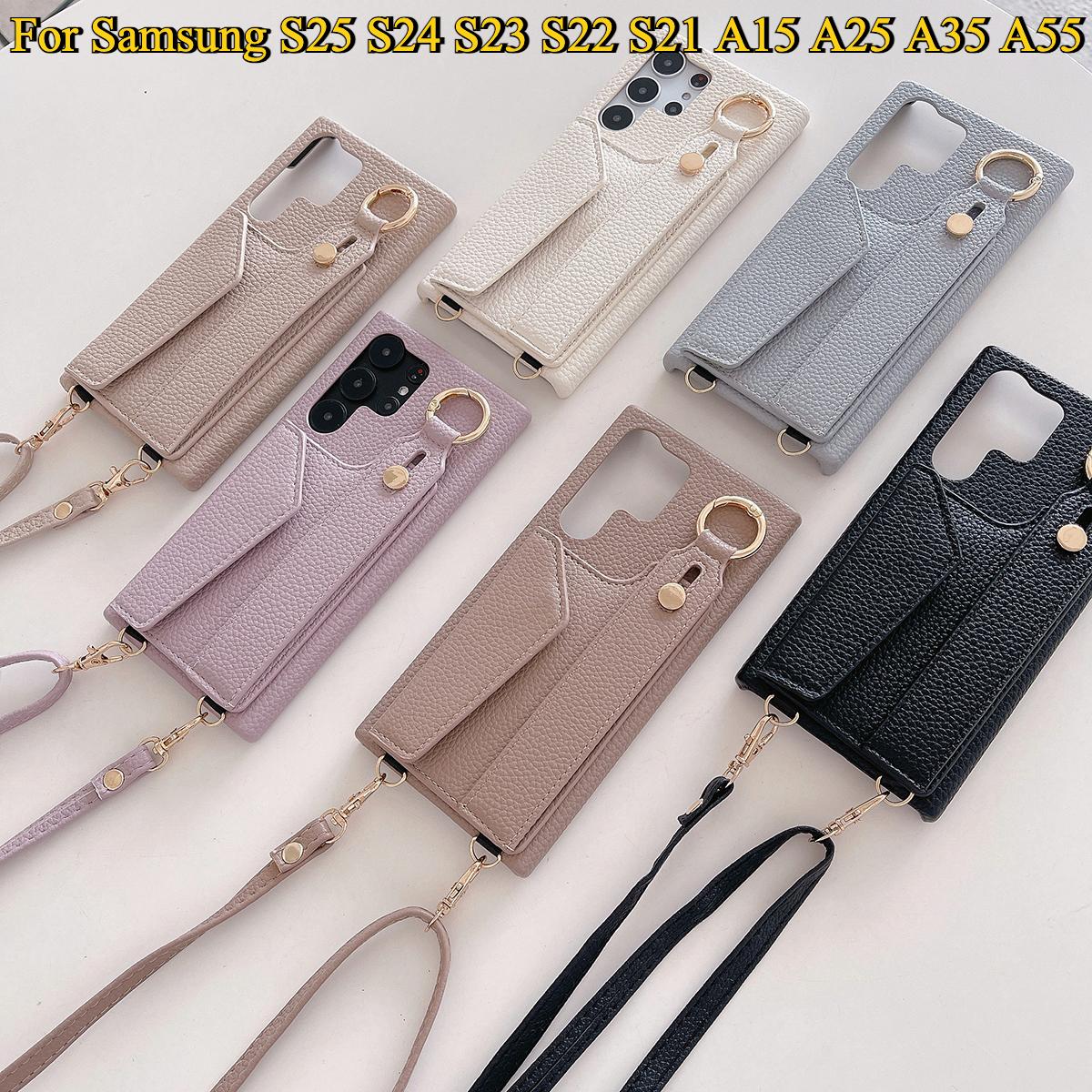 Wrist Strap Crossbody Leather Wallet Case For Samsung S25Ultra S25 S24Ultra S24 S23 S23FE S22 Plus A25 A54 A55 A35 A25 A15 Card Holder Lanyard Cover