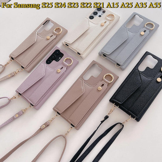 Wrist Strap Crossbody Leather Wallet Case For Samsung S25Ultra S25 S24Ultra S24 S23 S23FE S22 Plus A25 A54 A55 A35 A25 A15 Card Holder Lanyard Cover