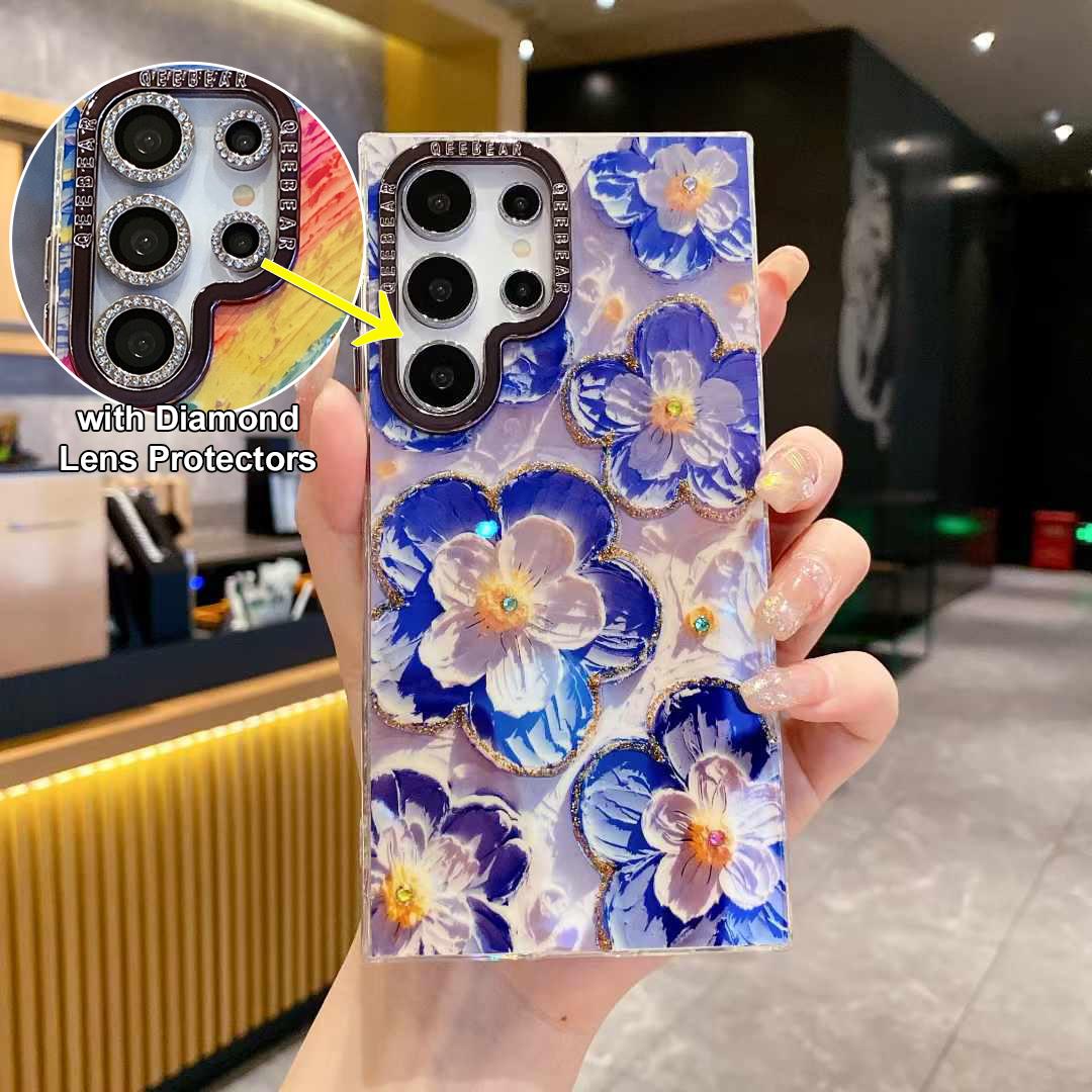 For Samsung S25 S24 S23 S22 Phone Case with Diamond Lens Protectors, Luxury Castle Panda Leopard Rainbow Butterfly Elephant Girl Oil Painting Metal Camera Frame Anti-drop Hard Shockproof Full Cover