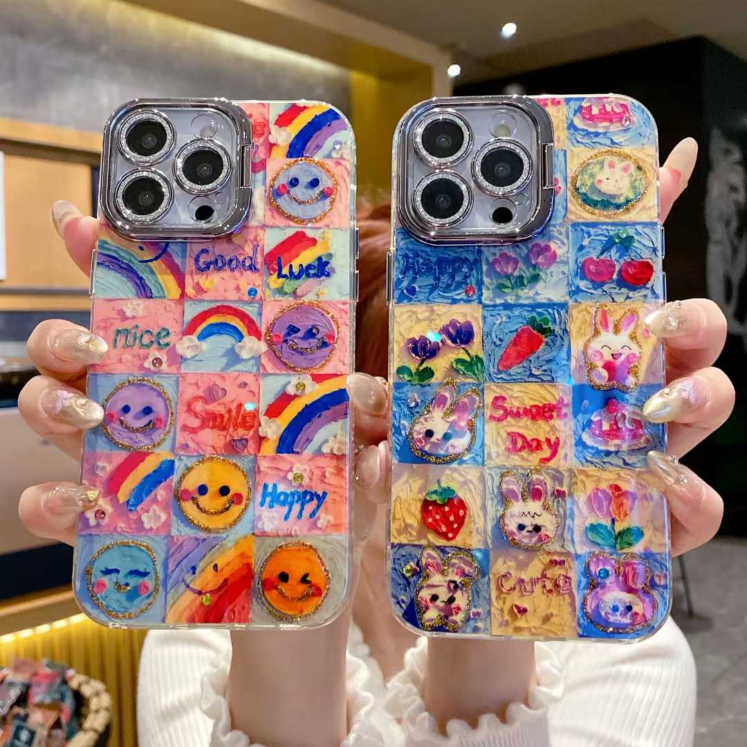 For iPhone 16ProMax 16 15 14 13 12 11 Phone Case with Diamond Camera Kickstand, Smiling Face Rainbow Rabbit Deer, Luxury Oil Painting Camera Frame Anti-drop Hard Shockproof Full Cover