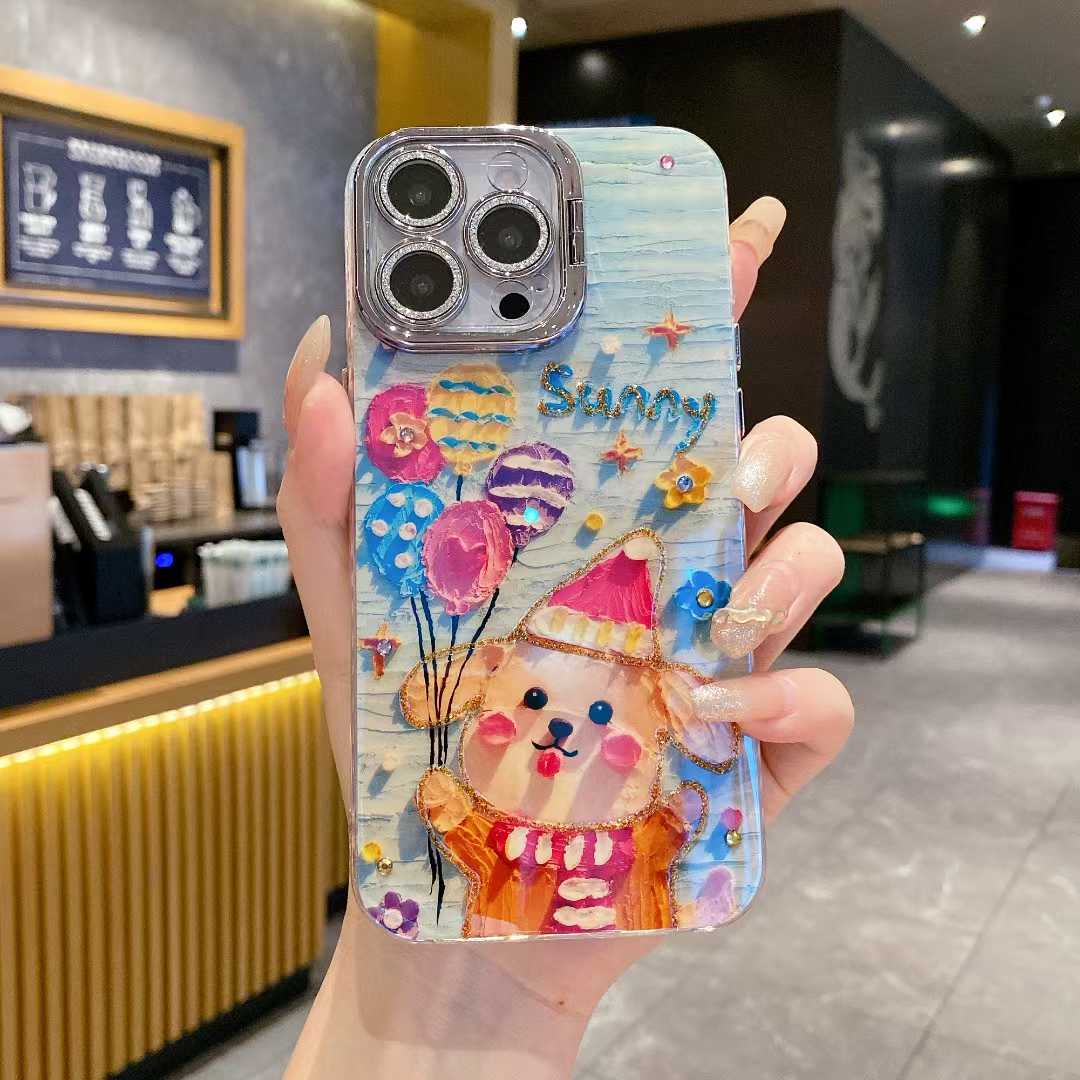 For iPhone 16ProMax 16 15 14 13 12 11 Phone Case with Diamond Camera Kickstand, Smiling Face Rainbow Rabbit Deer, Luxury Oil Painting Camera Frame Anti-drop Hard Shockproof Full Cover