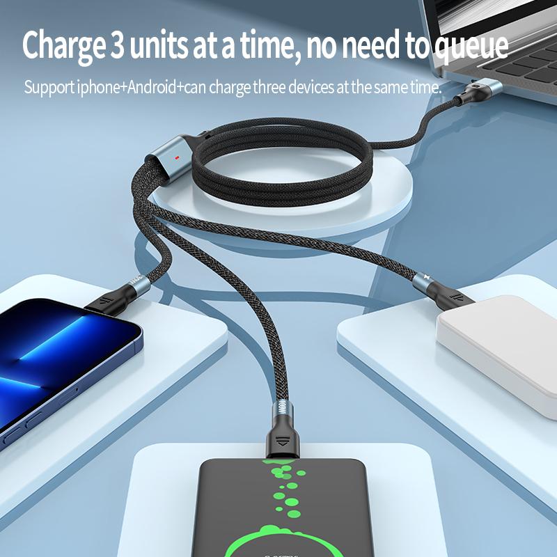1.2m/2m 100W Super Fast Charge 2in3 Data Cable Support Laptop/Mobile Phone/Tablet USB+Type-c to C+L+C Multi-port Fast Charging Metal Head Nylon Braided Wire