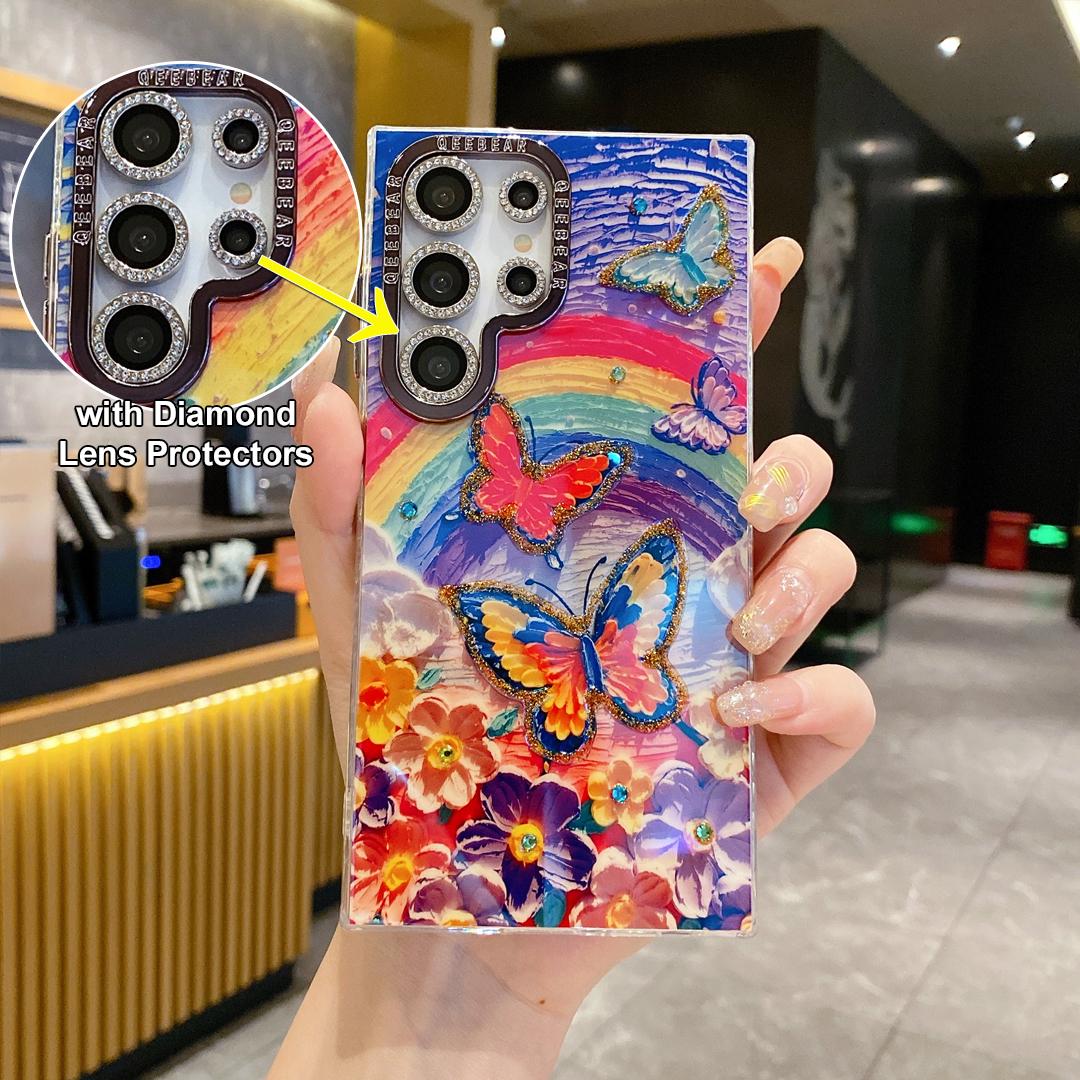 For Samsung S25 S24 S23 S22 Phone Case with Diamond Lens Protectors, Luxury Castle Panda Leopard Rainbow Butterfly Elephant Girl Oil Painting Metal Camera Frame Anti-drop Hard Shockproof Full Cover