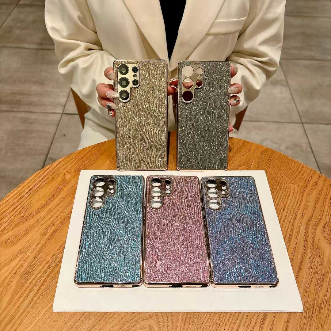 For Samsung S25Ultra S25Edge S25 S24 S23 Phone Case, Luxury Glitter Slim Water Ripple Pattern Plating Matte Leather Len Protection Shockproof Hard Full Cover