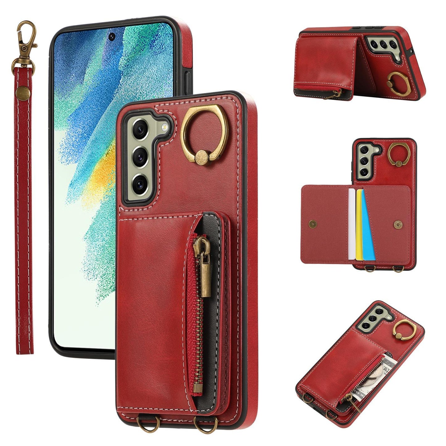 For Samsung S25Ultra S24 S23 S22 A16 A15 A35 A55 Leather Phone Case with Double Folding Wallet Wristband, Anti-Fall Card Bag Kickstand Shockproof Business Hard Full Cover
