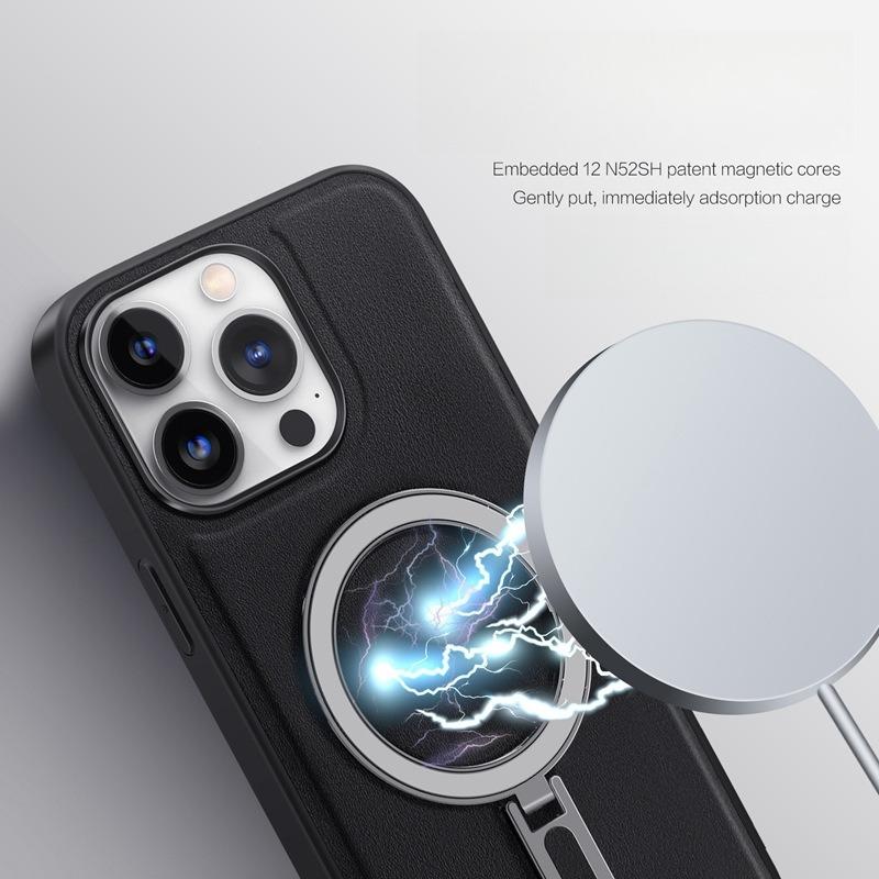 Luxury Full Leather Glossy Kickstand Phone Case For Magsafe For iPhone 16ProMax 16 15 14 13 12 11 Metal Ring Magnetic Metal Holder Shockproof Stand Back Cover