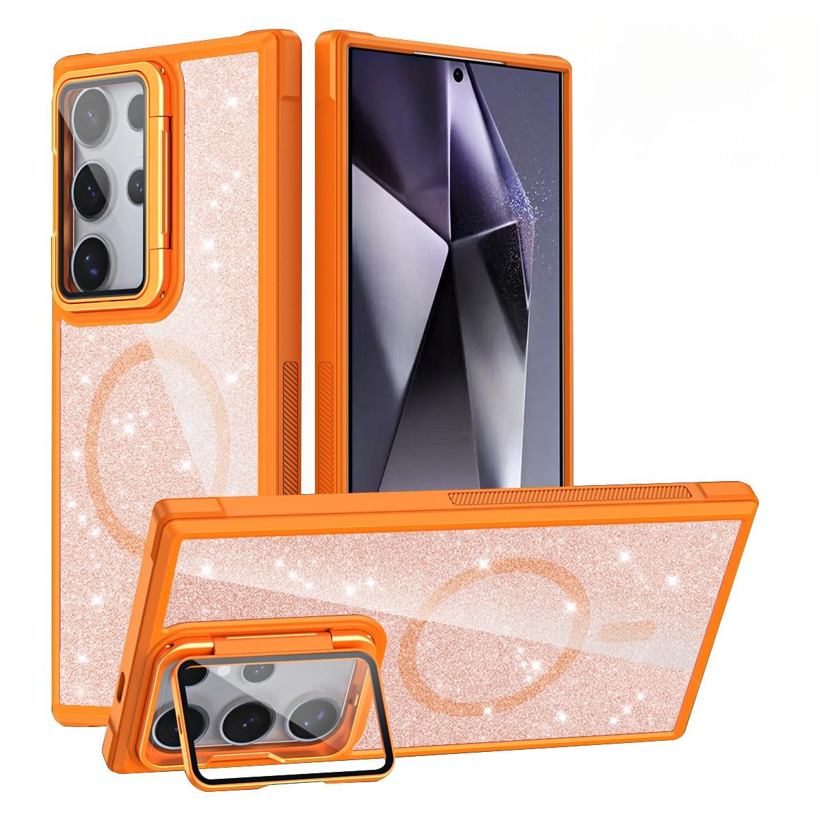 For Samsung S25Ultra S25 S24 S23 S21FE S20FE Strong Magnetic Phone Case, Glass Camera Kickstand Protection, Glitter Clear Acrylic Four Corner Shockproof Bumper Hand Feel Hard Full Cover