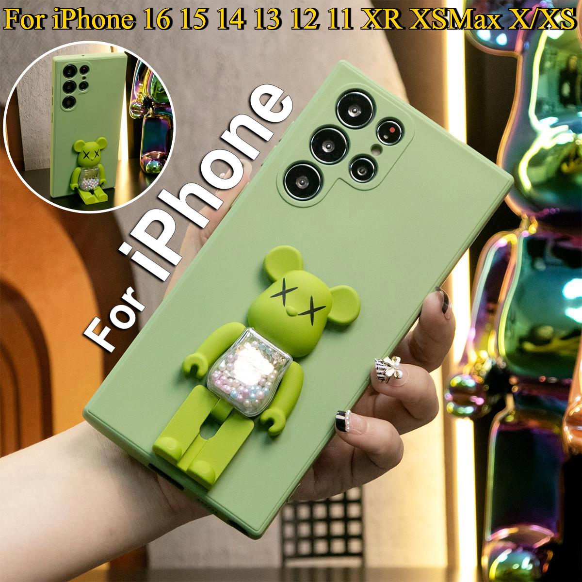 Liquid Silicone Matte Shockproof Frosted Candy Bear Kickstand Phone Case For iPhone 16 15 14 13 12 11 XR XSMax X/XS Camera Protect Soft Cover