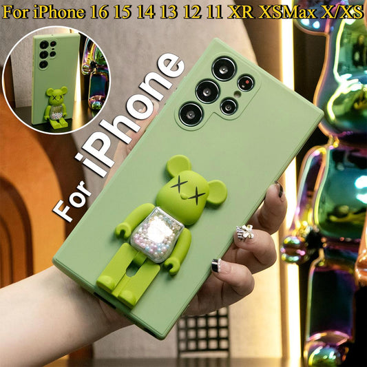 Liquid Silicone Matte Shockproof Frosted Candy Bear Kickstand Phone Case For iPhone 16 15 14 13 12 11 XR XSMax X/XS Camera Protect Soft Cover