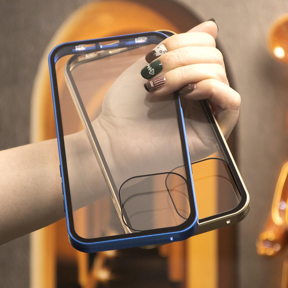 High Definition Tempered Glass Double Sided Full Cover 360 Magnetic Adsorption Metal Case For iPhone 16ProMax 16 15 14 13 12 11 Pro Max X/XS Front and Black Full Glass Cover