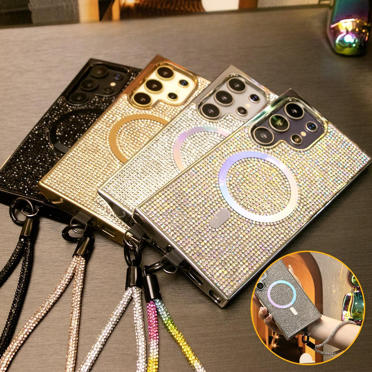Luxury Glitter Rhinestone Plating Diamonds Magnetic Wireless Charging Phone Case With Rhinestone Wristband For iPhone 16 15 14 13 12 11 Shockproof Protection Bumper Hard Full Cover
