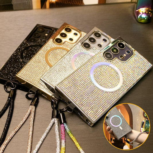 Luxury Glitter Rhinestone Plating Diamonds Magnetic Wireless Charging Phone Case With Rhinestone Wristband For iPhone 16 15 14 13 12 11 Shockproof Protection Bumper Hard Full Cover
