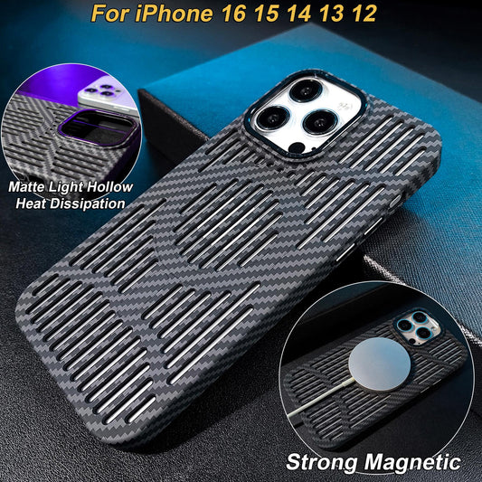 For iPhone 16ProMax 16 15 14 13 12 Plus Pro Max Phone Case, Hollow Out Carbon Fiber Matte Cooling Magnetic PC Ultra Light, Heat Dissipation Metal Lens Protection Soft Full Cover
