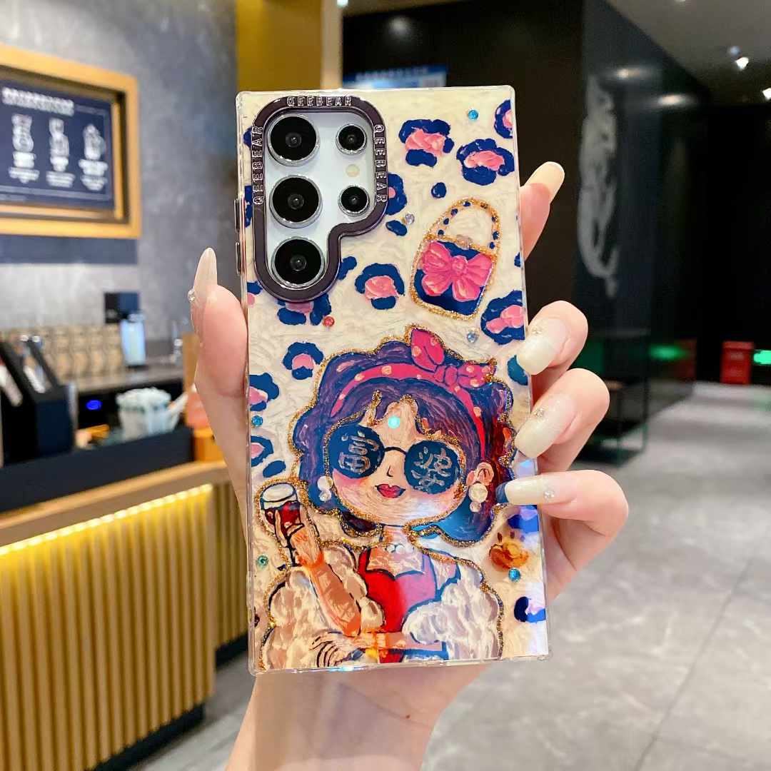 For Samsung S25 S24 S23 S22 A35 A36 A26 A54 A55 A56 Phone Case, Rich Girl Women Nabobess Leopard Print Rainbow Deer Balloon Puppy, Oil Painting Camera Frame Anti-drop Hard Shockproof Full Cover