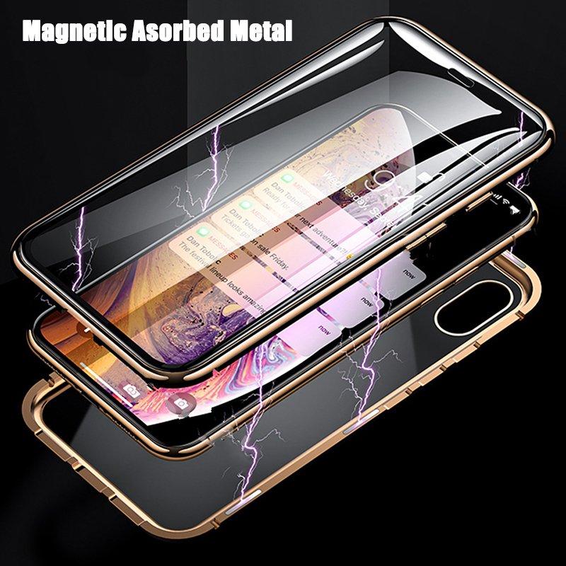 High Definition Tempered Glass Double Sided Full Cover 360 Magnetic Adsorption Metal Case For iPhone 16ProMax 16 15 14 13 12 11 Pro Max X/XS Front and Black Full Glass Cover
