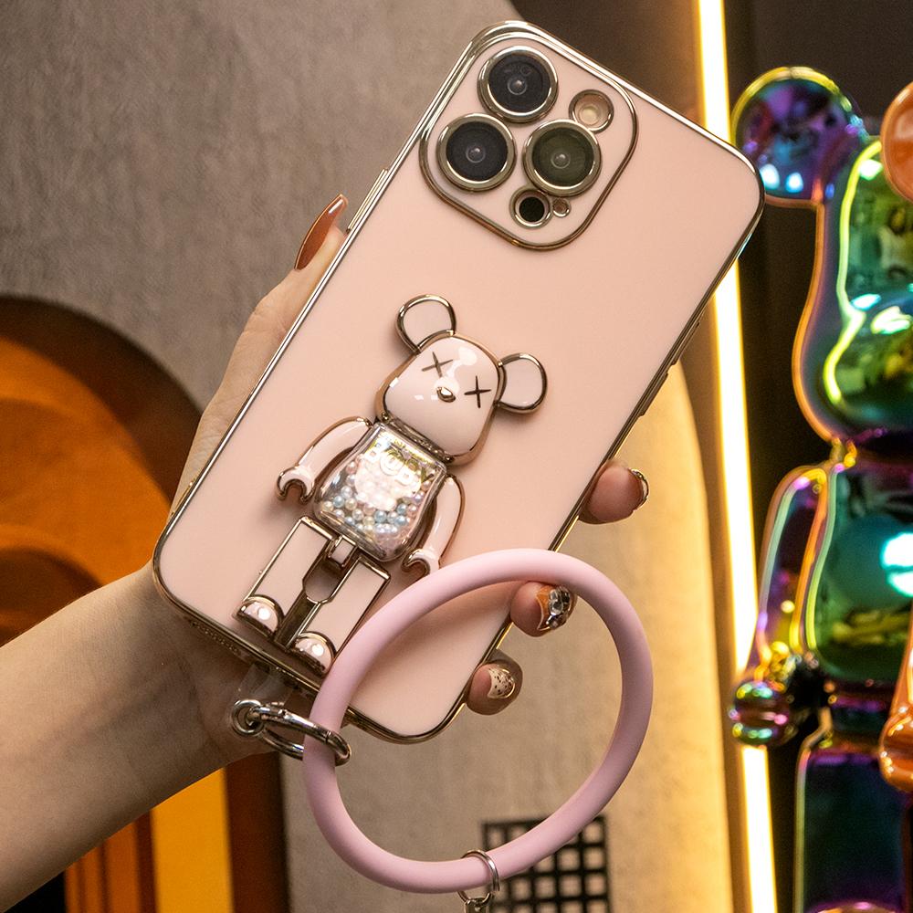 For iPhone 16 15 14 13 12 11 XR XSMax X/XS Phone Case, Candy Bear Kickstand with Silicone Bracelet, Plating Electroplate Luxury Elegant Case Camera Protector Pop Stand Shockproof Soft Cover