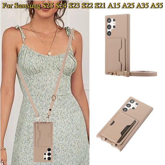 Wallet Case For Samsung S25 S24 S23 S22 S21 Card Holder Lanyard Handbag Crossbody Leather Cover for Samsung A15 A25 A35 A55 A54