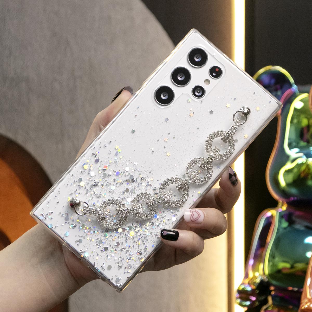 Glitter Star Sequin With Diamond Chain Phone Case For Samsung S25 S24 S23 S22 S21 Note20 A15 A25 A35 A55 Clear Soft TPU Back Cover