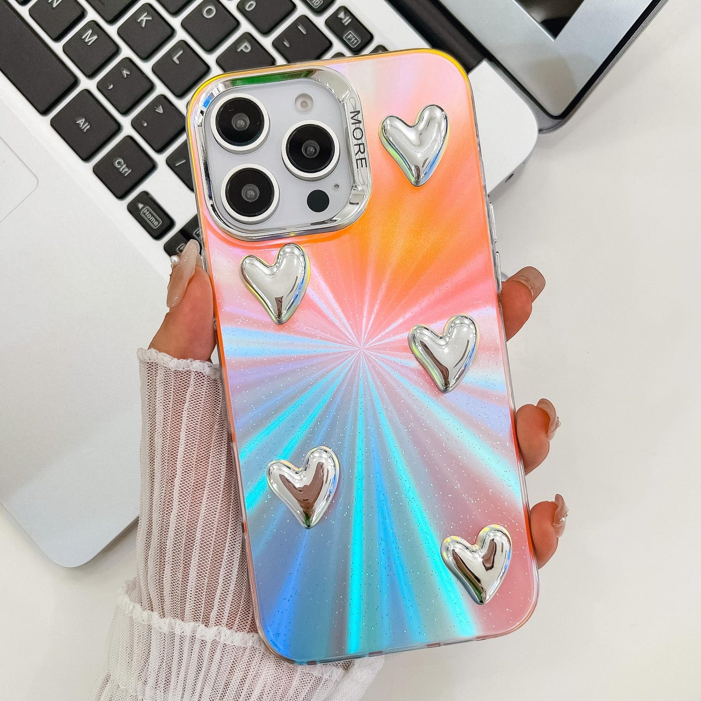 For iPhone 16ProMax 16 15 14 13 Phone Case, Electroplating Laser Love Heart Pattern Acrylic Slim, Camera Protection Non-Yellowing Hard Cover