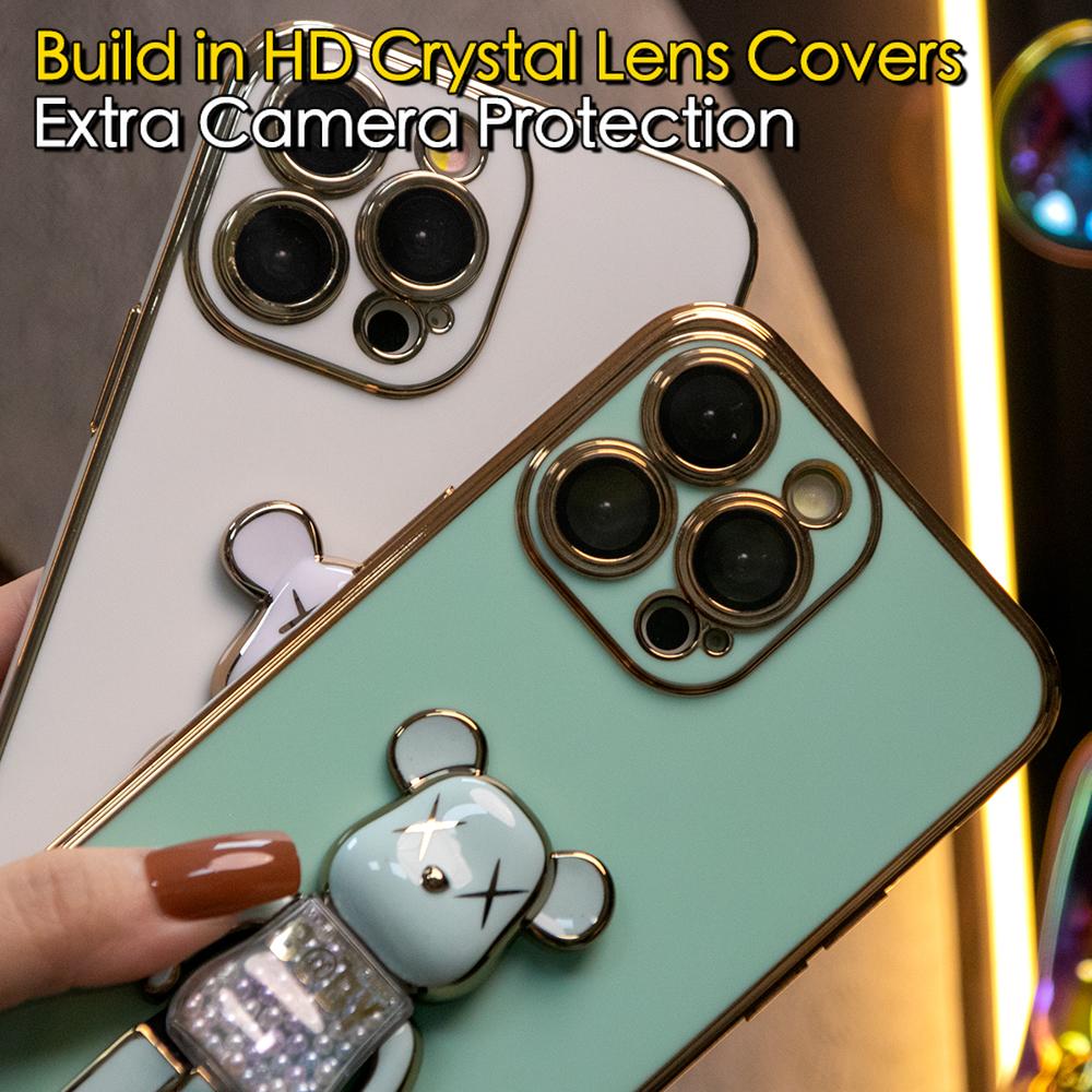 For iPhone 16 15 14 13 12 11 XR XSMax X/XS Phone Case, Candy Bear Kickstand with Silicone Bracelet, Plating Electroplate Luxury Elegant Case Camera Protector Pop Stand Shockproof Soft Cover