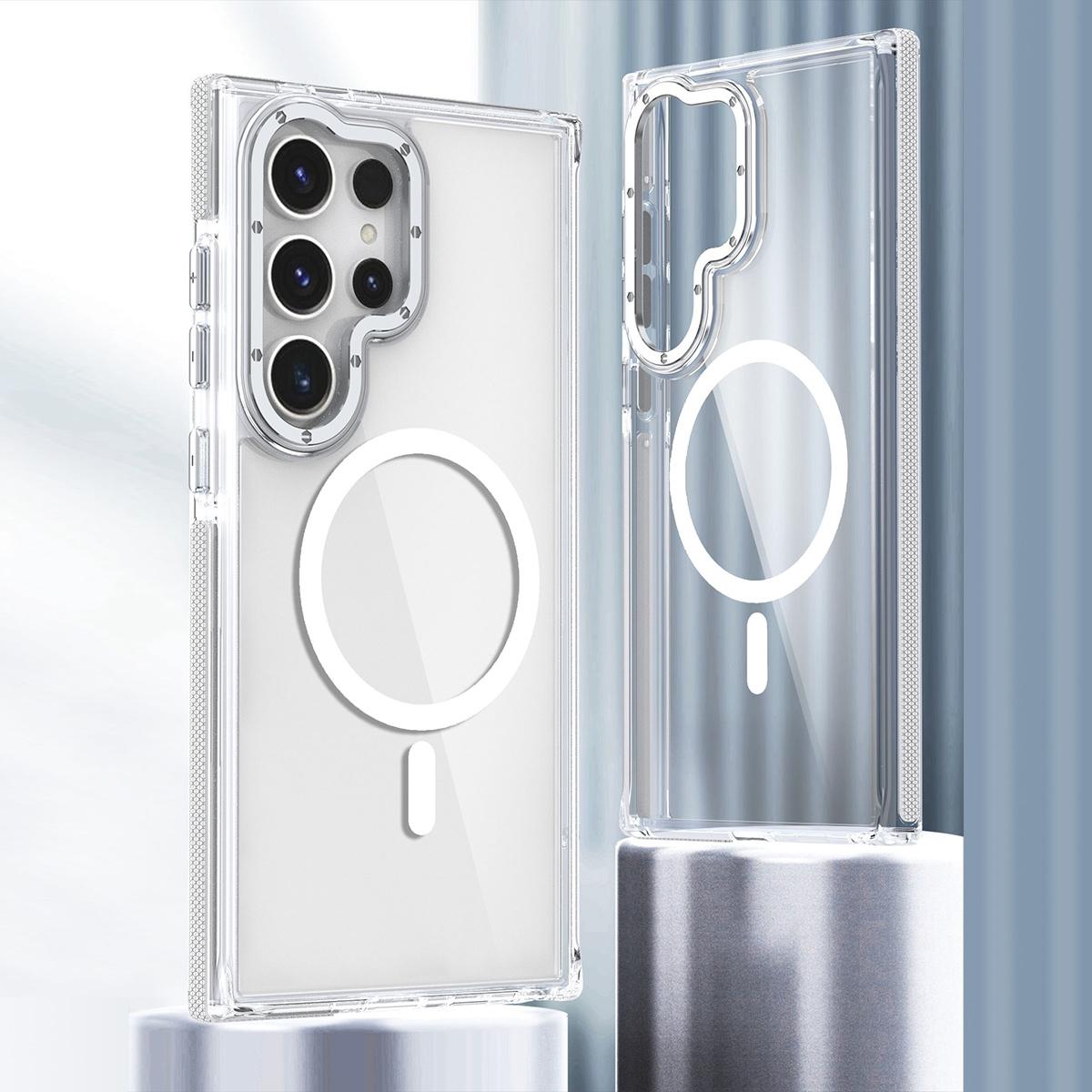 Clear Dual Color Strong Magnetic Wireless Charging Case For Samsung S25Ultra S24+ S23FE A14 A15 A16 A24 A25 A34 A35 A54 A55 Clear Shockproof Metal Camera Frame Bumper TPU Acrylic Hard Cover