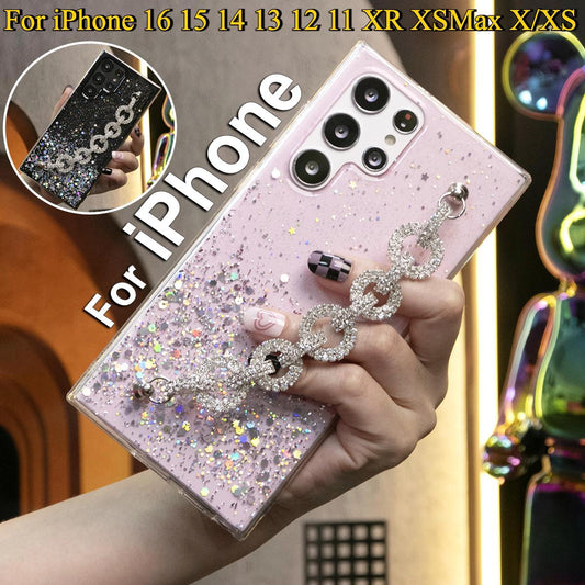 Glitter Star Sequin With Diamond Rhinestone Chain Phone Case For iPhone 16 15 14 13 12 11 XR XSMax X/XS Clear Soft TPU Back Cover