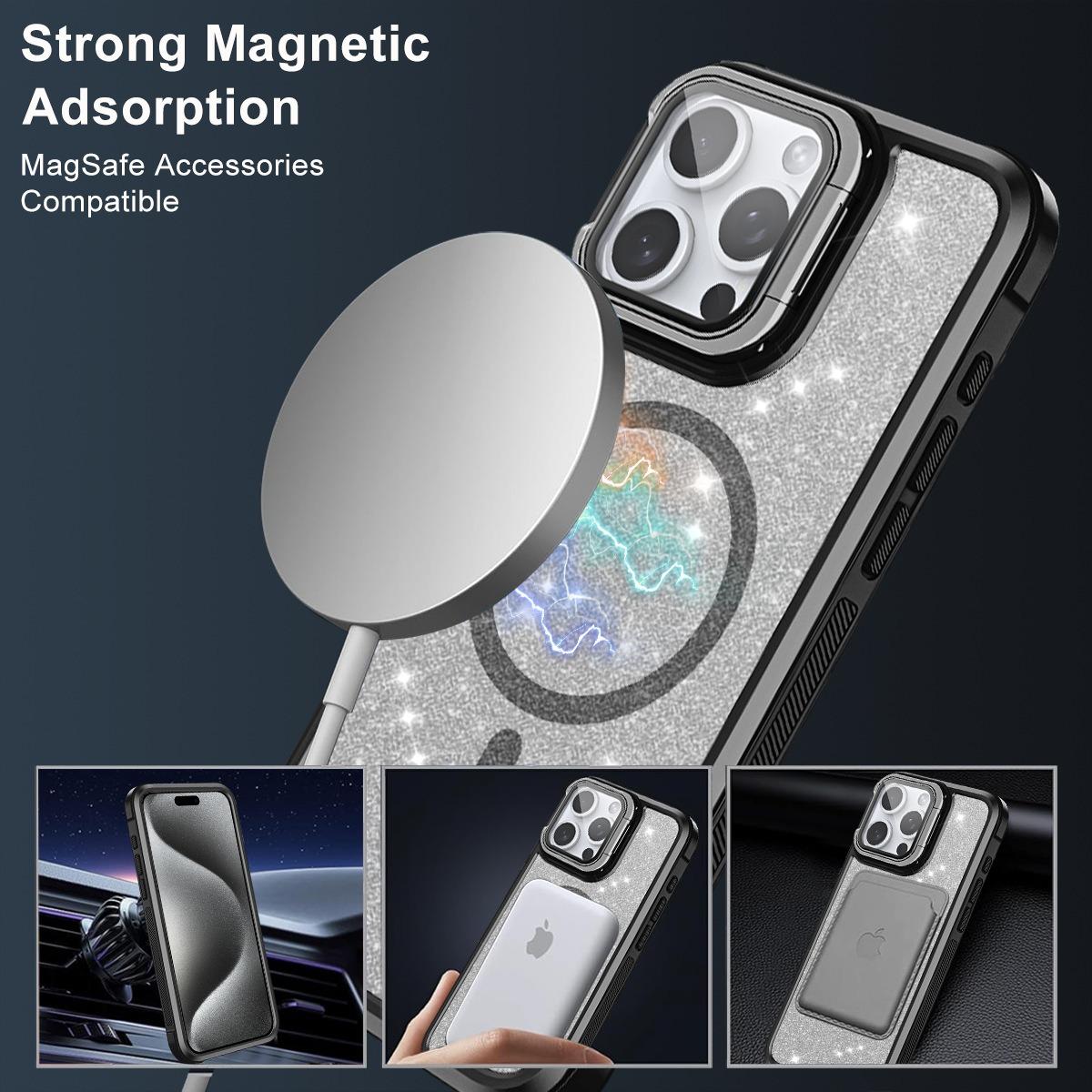 For iPhone 16ProMax 16 15 14 13 12 11 Strong Magnetic Phone Case, Glass Camera Kickstand Protection, Glitter Clear Acrylic Four Corner Shockproof Bumper Hand Feel Hard Full Cover