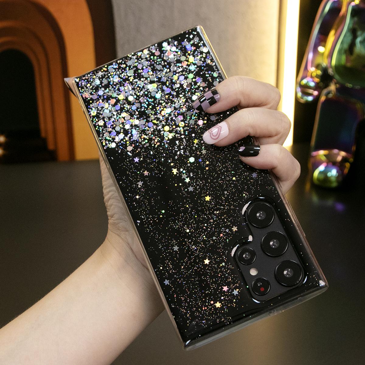 Glitter Star Sequin Basic Phone Case For Samsung S25 S24 S23 S22 S21 Note20 A15 A25 A35 A55 Clear Soft TPU Back Cover