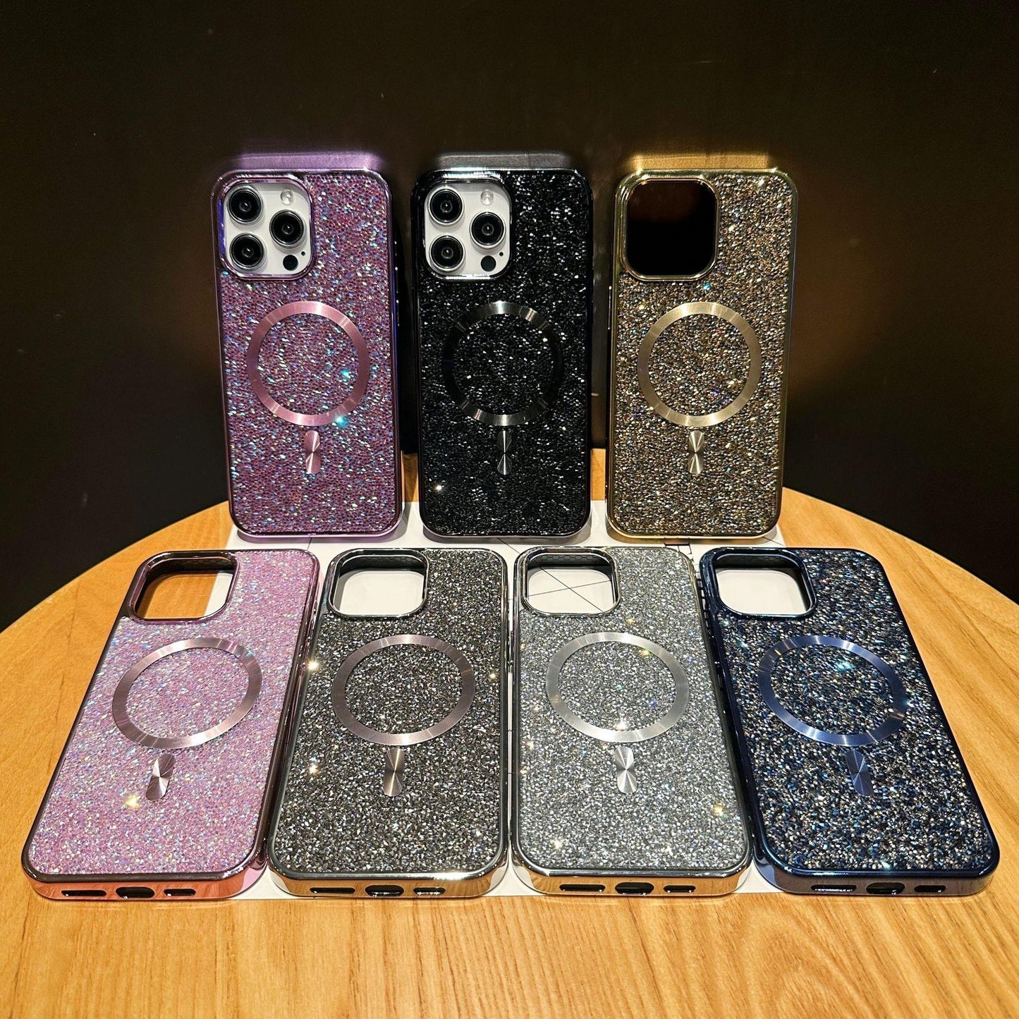 Luxury Rhinestone Glitter Plating Slim PC Strong Magnetic Phone Case For iPhone 16ProMax 15 14 13 Hard Support Wireless Charging Full Cover