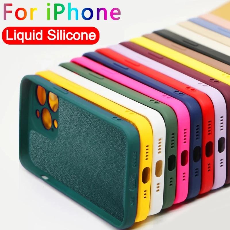 Slim Thin Luxury Square Liquid Soft Silicone Case For iPhone 16 15 14 Pro Max Protective Shockproof Back Cover with Microfiber Lining