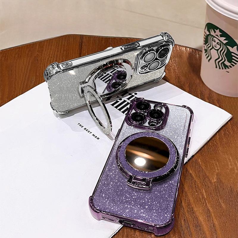 Glitter Gradient Plating Acrylic with Len Protector Phone Case with Mirror Kickstand For iPhone 16ProMax 15 14 13 12 Four Corner Shockproof Hard Full Cover