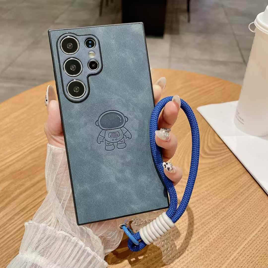 For Samsung S25Ultra S25Edge S24 S23 S22 S21 Note20 A16 A26 A36 A55 A56 Case With Weave Wristband, Astronaut Pattern Matte Suede Leather Shockproof Hard Phone Case