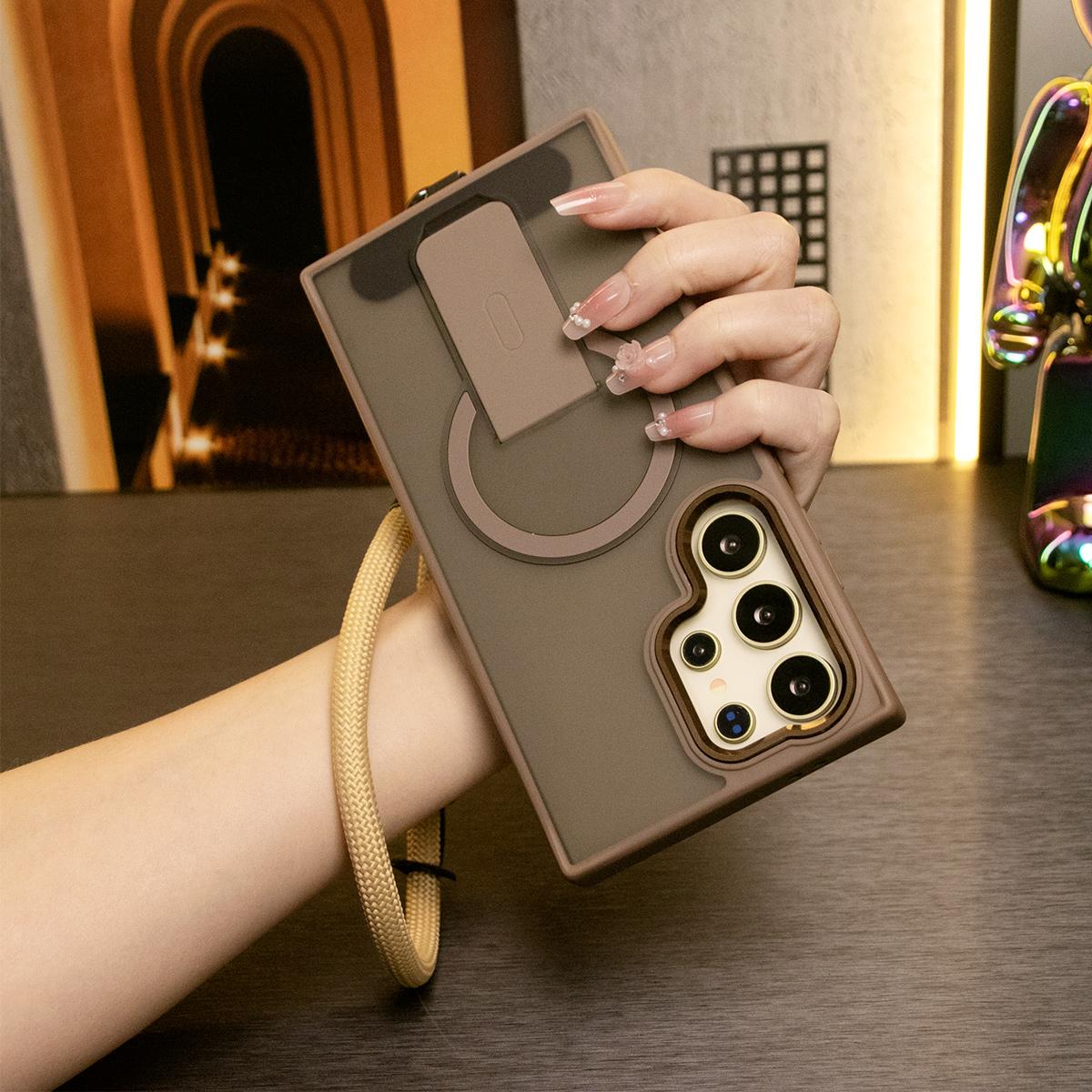 Matte Clear Portable Kickstand Magnetic Phone Case With Multifunctional Wristband For Samsung S25Ultra S25Plus S24FE S24Ultra S25 S24 S23 Skin Feel Shockproof Camera Metal Frame