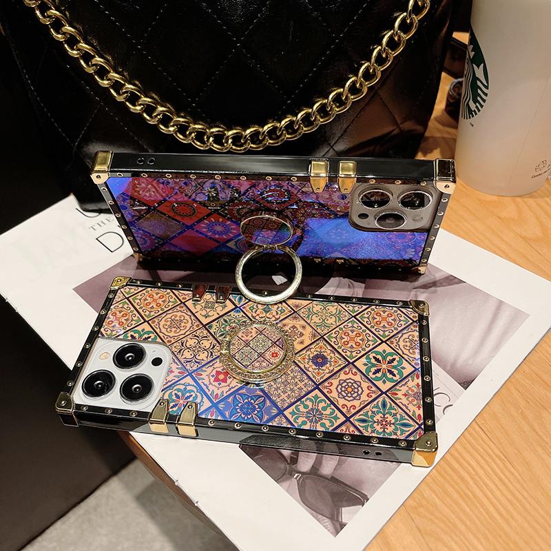 Luxury Glitter Vintage Flower Case for iPhone 16ProMax 16 15 14 13 12 11 Plus Pro Max Fashion Geometric Square Case Back Cover