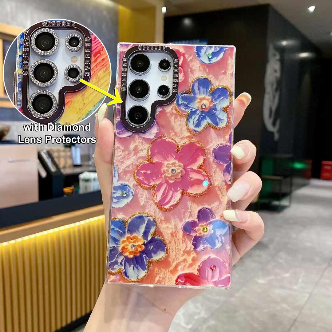 For Samsung S25 S24 S23 S22 Phone Case with Diamond Lens Protectors, Luxury Panda Leopard Rainbow Butterfly Elephant Oil Painting Metal Camera Frame Anti-drop Hard Shockproof Full Cover