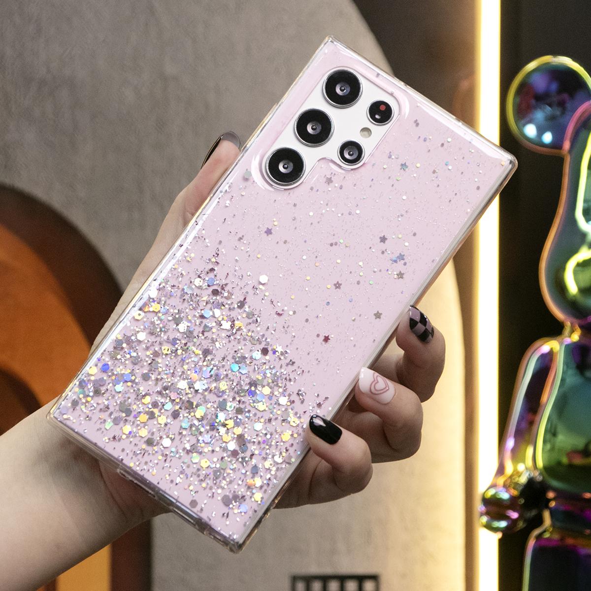 Glitter Star Sequin Basic Phone Case For Samsung S25 S24 S23 S22 S21 Note20 A15 A25 A35 A55 Clear Soft TPU Back Cover