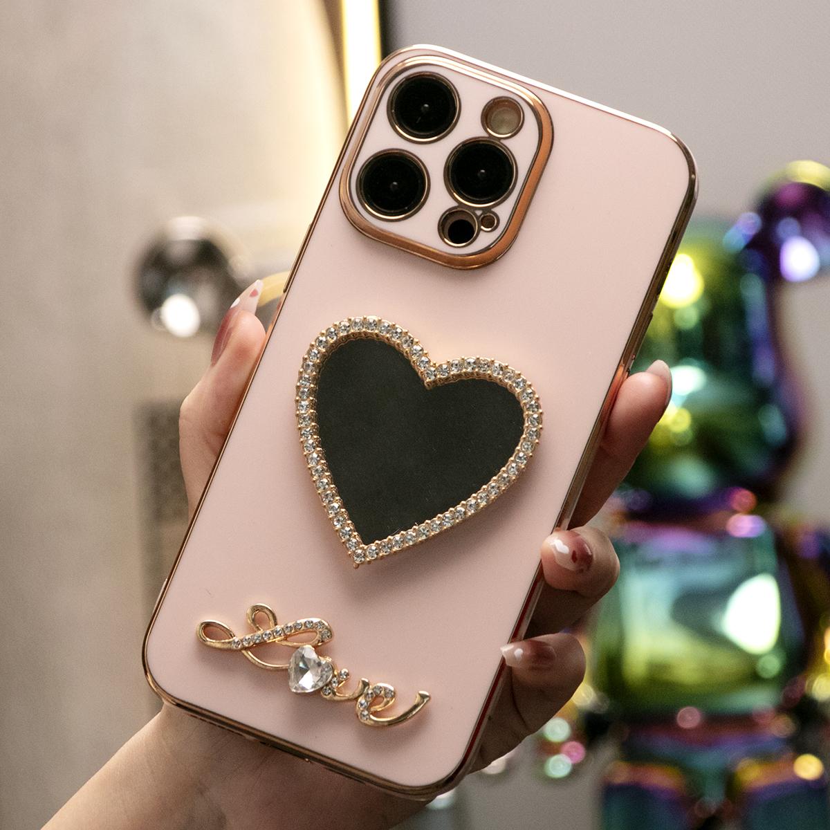 For iPhone 16 15 14 13 12 11 XR XSMax X/XS Phone Case, Love Heart Mirror, Plating Electroplate Luxury Elegant Case Camera Protector Shockproof Soft Cover