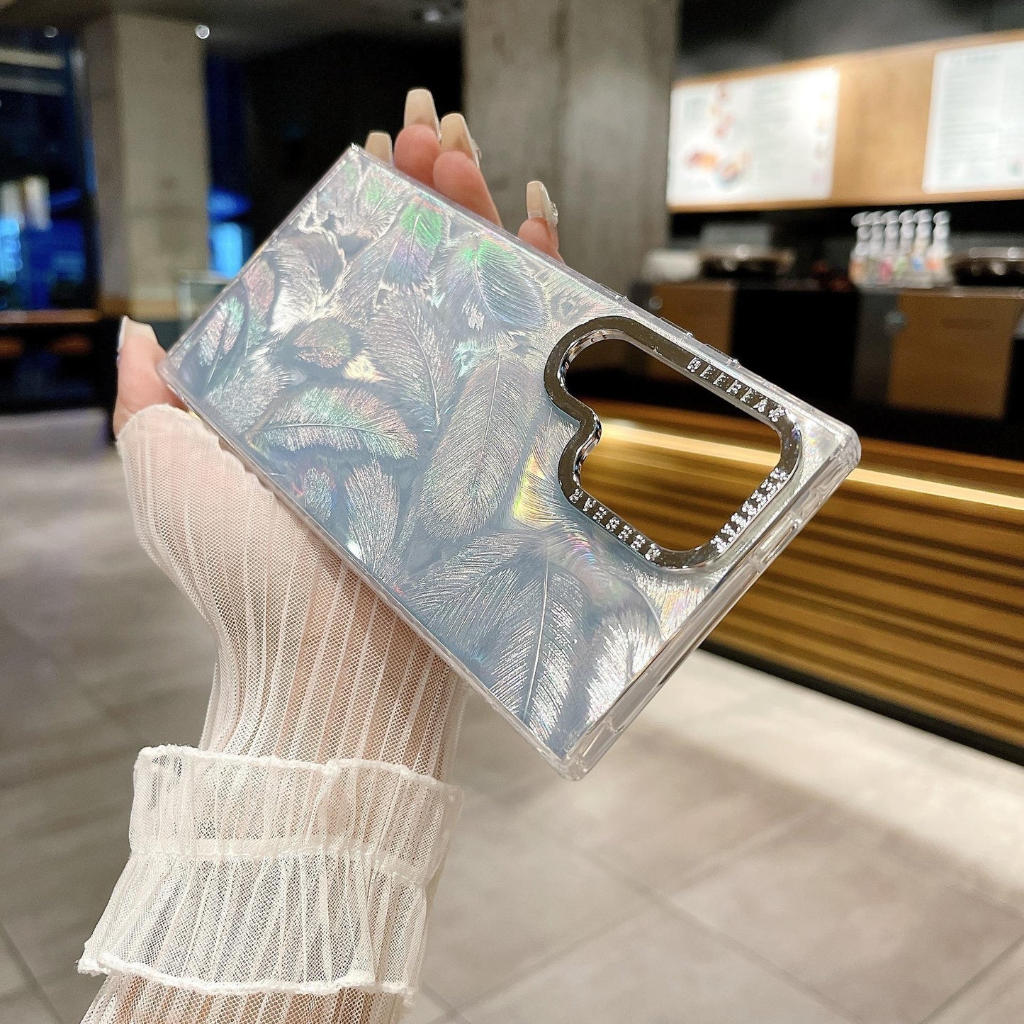 For Samsung S25Ultra S25 S24 S23 S22 Phone Case, Luxury Electroplating Laser Feathers Silk Pattern Acrylic Slim, Full Camera Protection Non-Yellowing Hard Cover