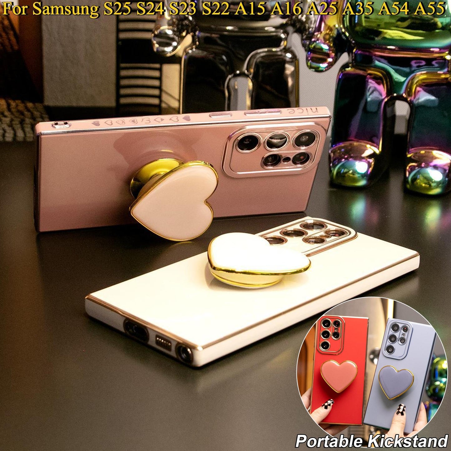 Love Heart Kickstand Pop Stand Plating Soft Phone Case For Samsung S25Ultra S25 S24Ultra S24FE S24 S23 S22 A15 A16 A25 A35 A53 A54 A55